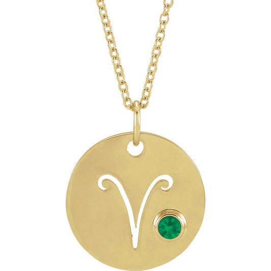 Aries Zodiac Disc Necklace with Natural Emerald in 14K Gold