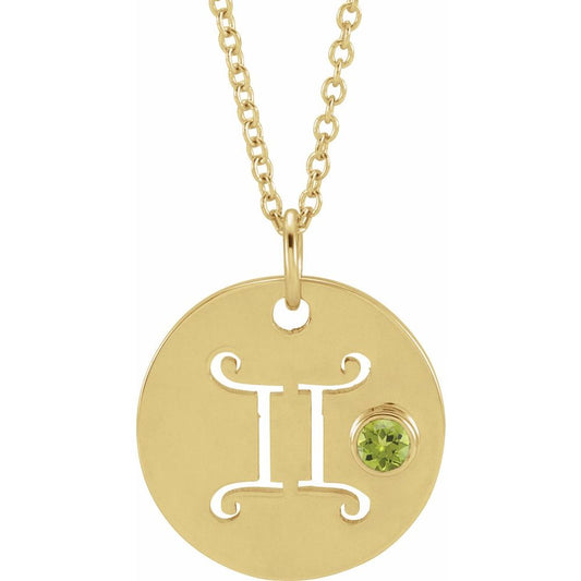 Gemini Zodiac Disc Necklace with Natural Peridot in 14K Gold