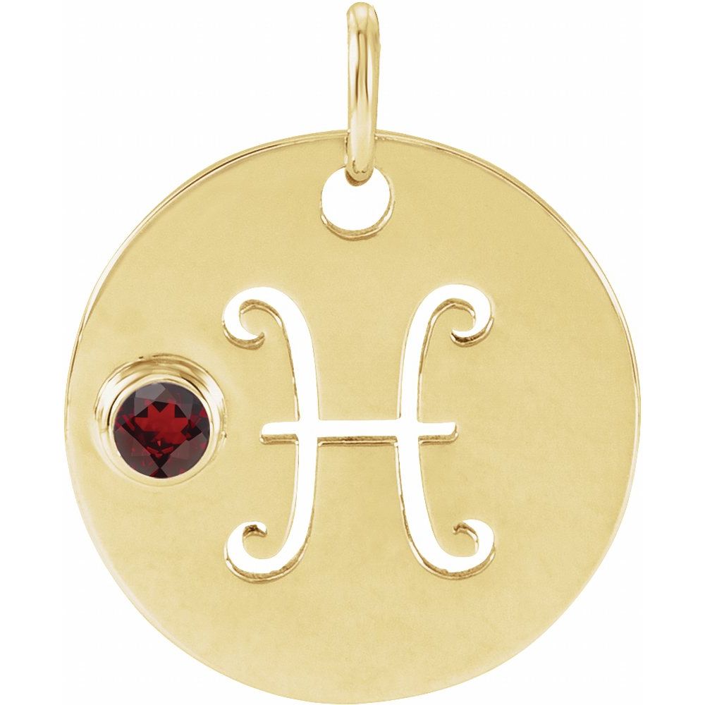 Pisces Zodiac Disc Necklace with Natural Mozambique Garnet in 14K Gold