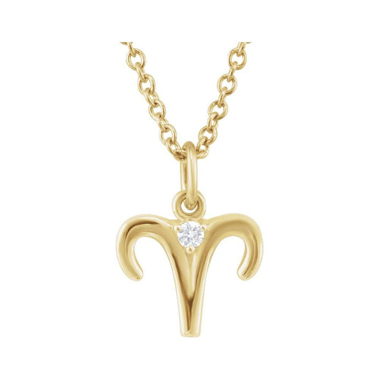 14K Gold Aries Zodiac Necklace with .015 CT Natural Diamond - front view