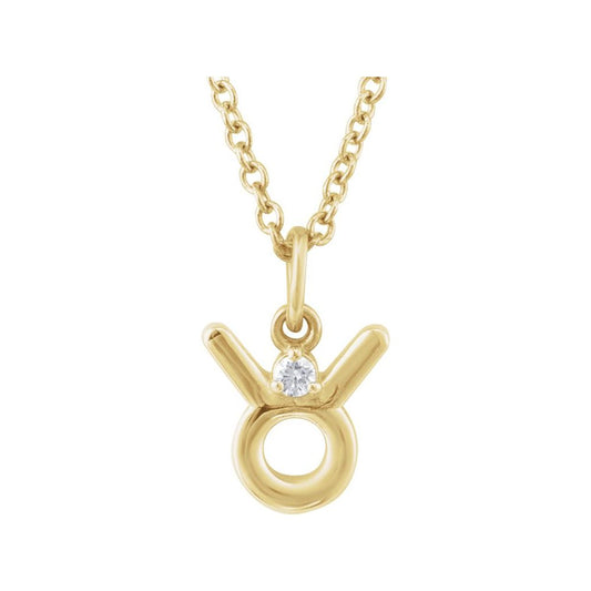  14K Solid Gold Taurus Zodiac Necklace featuring a natural diamond. Polished finish, adjustable 16-18 inches. Front view.